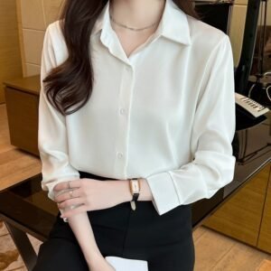 Korean Style Women Long Sleeve Blouse Plain Polo Neck Loose Tops